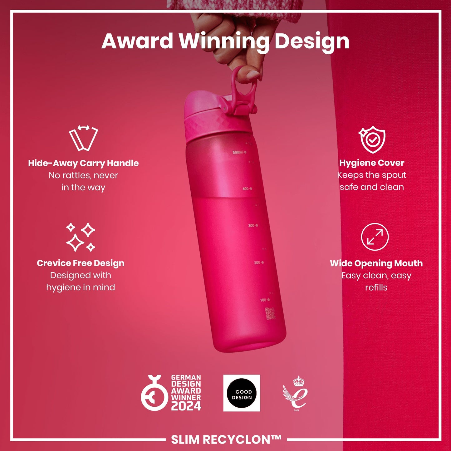 Pink water bottle with features highlighted on a red background