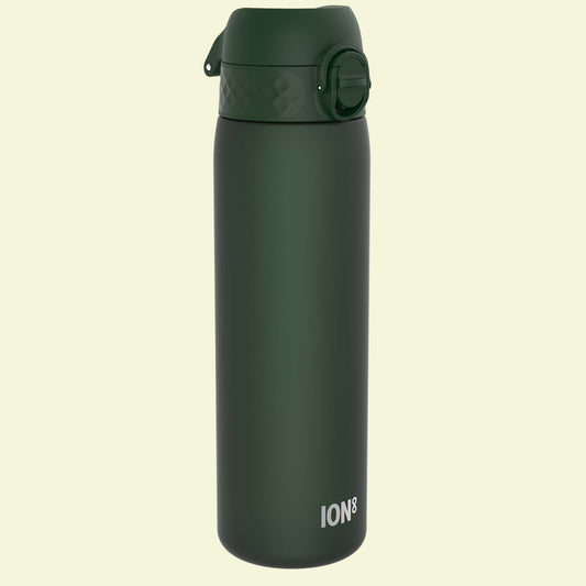 Green water bottle with 'ION8' branding on a white background
