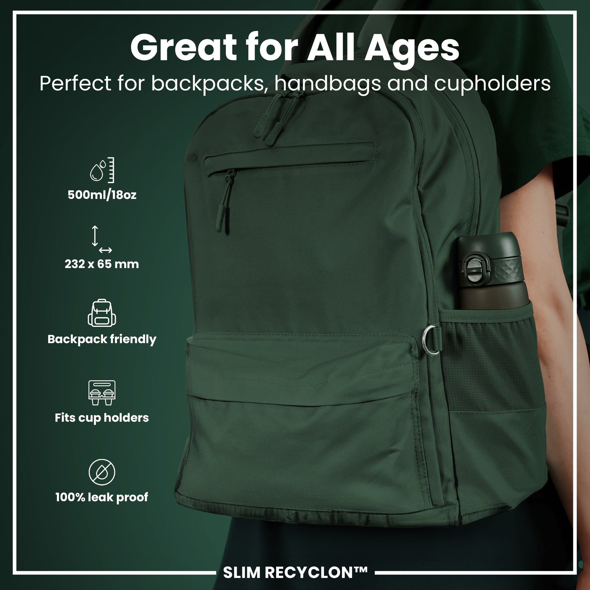 Green backpack with features listed on a green background