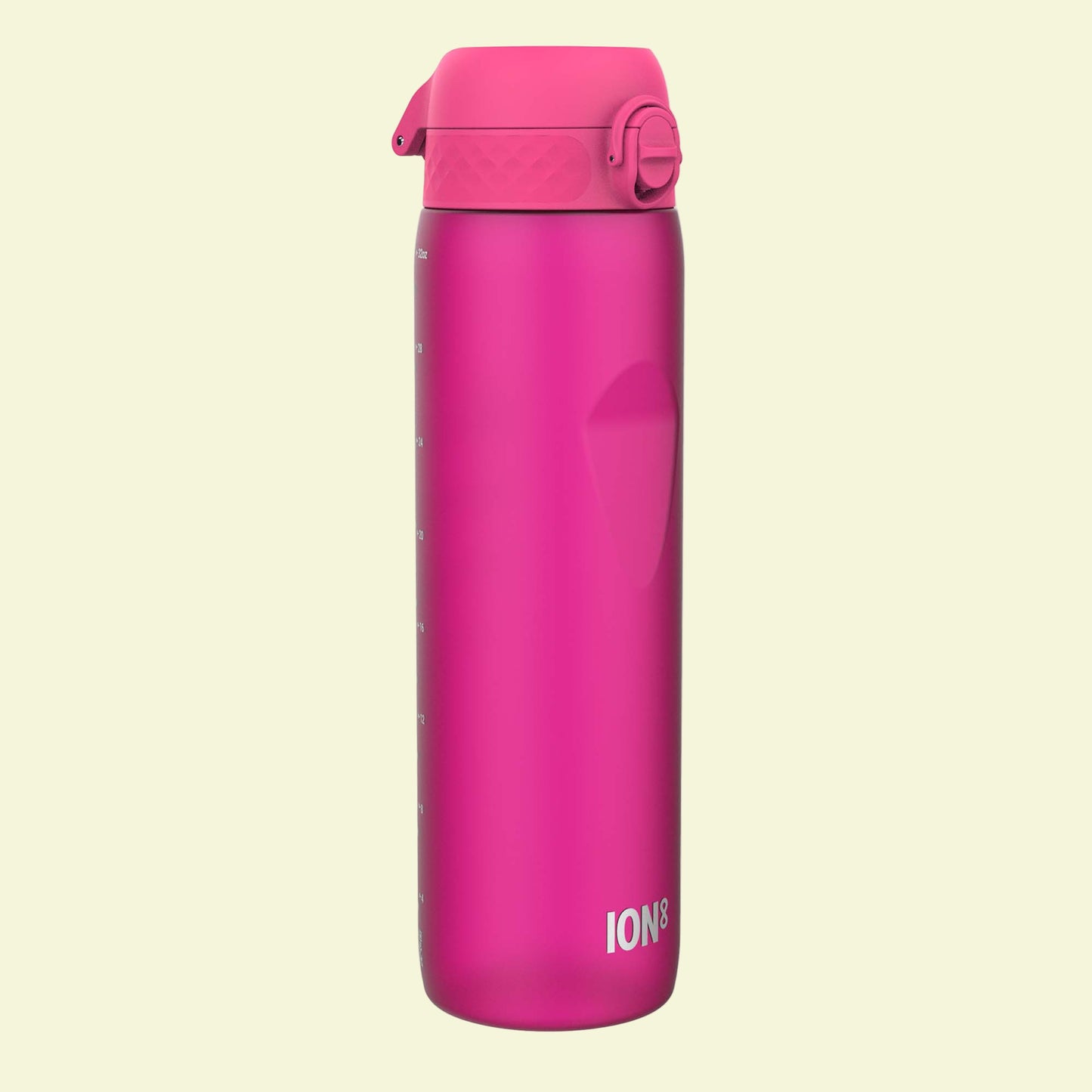 Pink water bottle with a lid on a white background