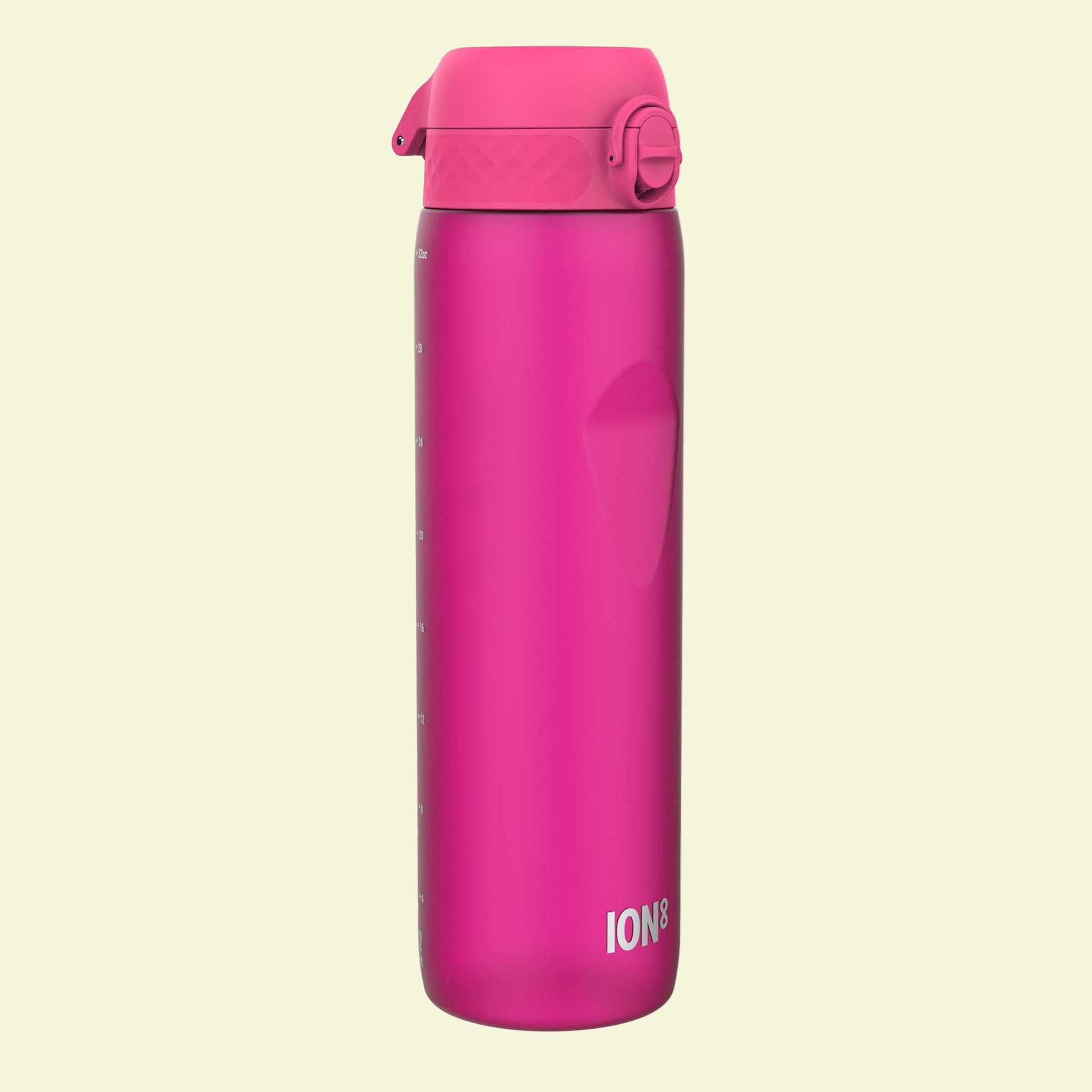 Pink water bottle with a lid on a white background