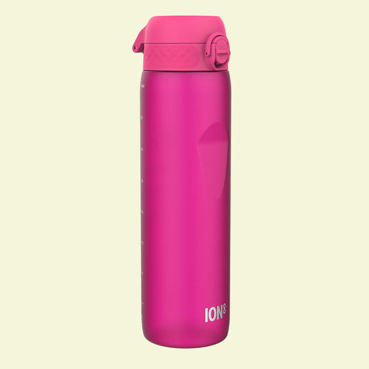 Pink water bottle with a lid on a white background