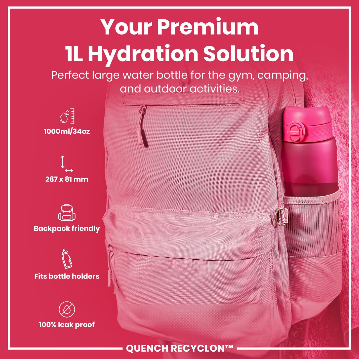 Pink hydration bottle in a backpack with product details on a pink background