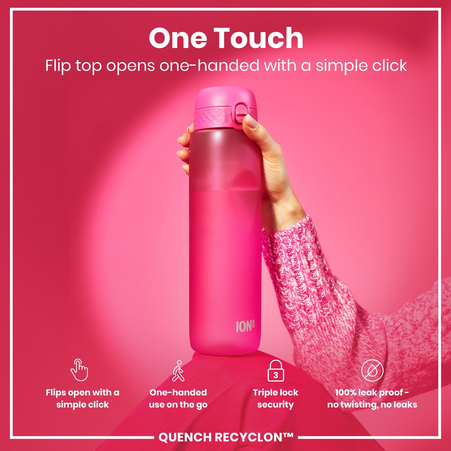 Pink water bottle with 'One Touch' feature on a pink background
