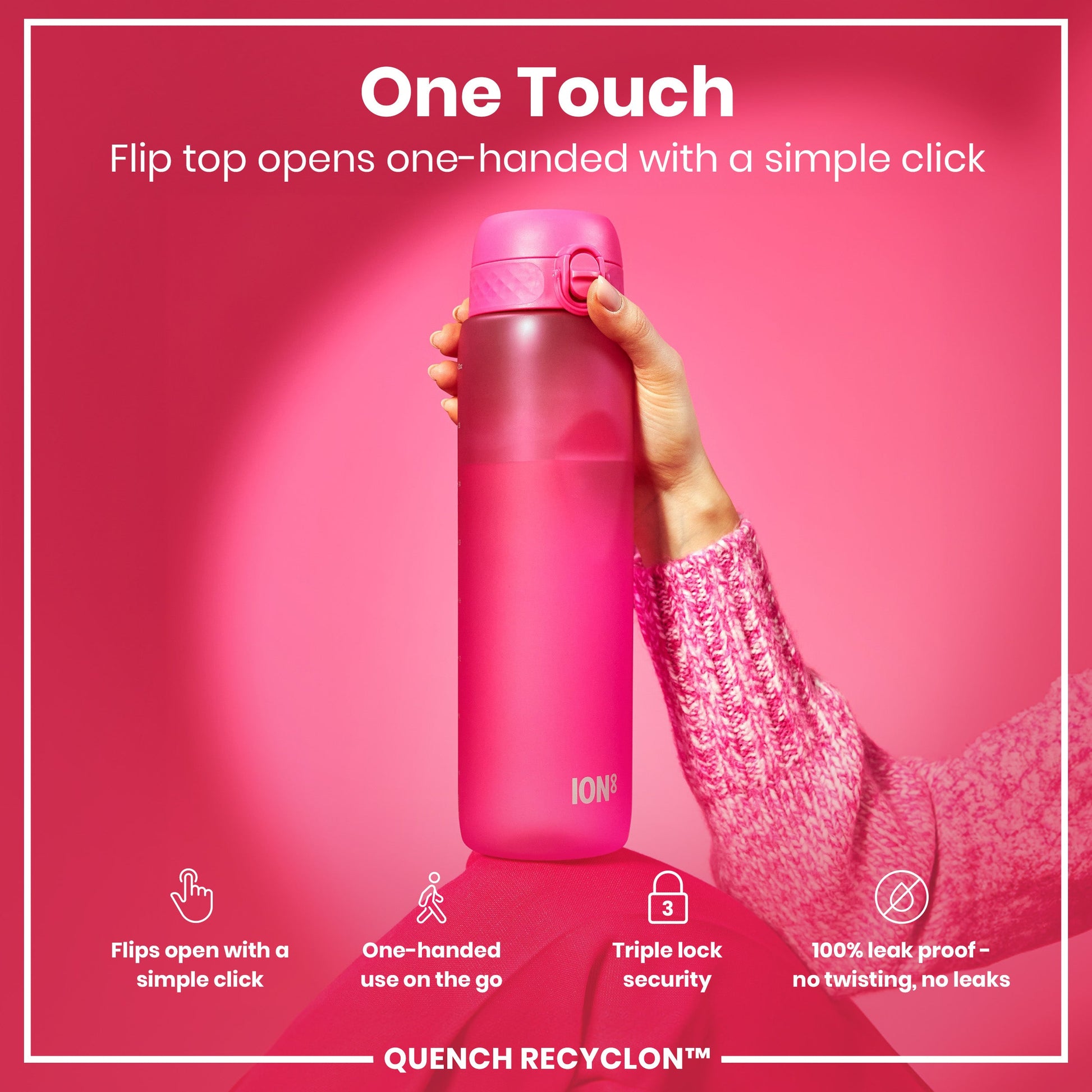 Pink water bottle with 'One Touch' feature on a pink background