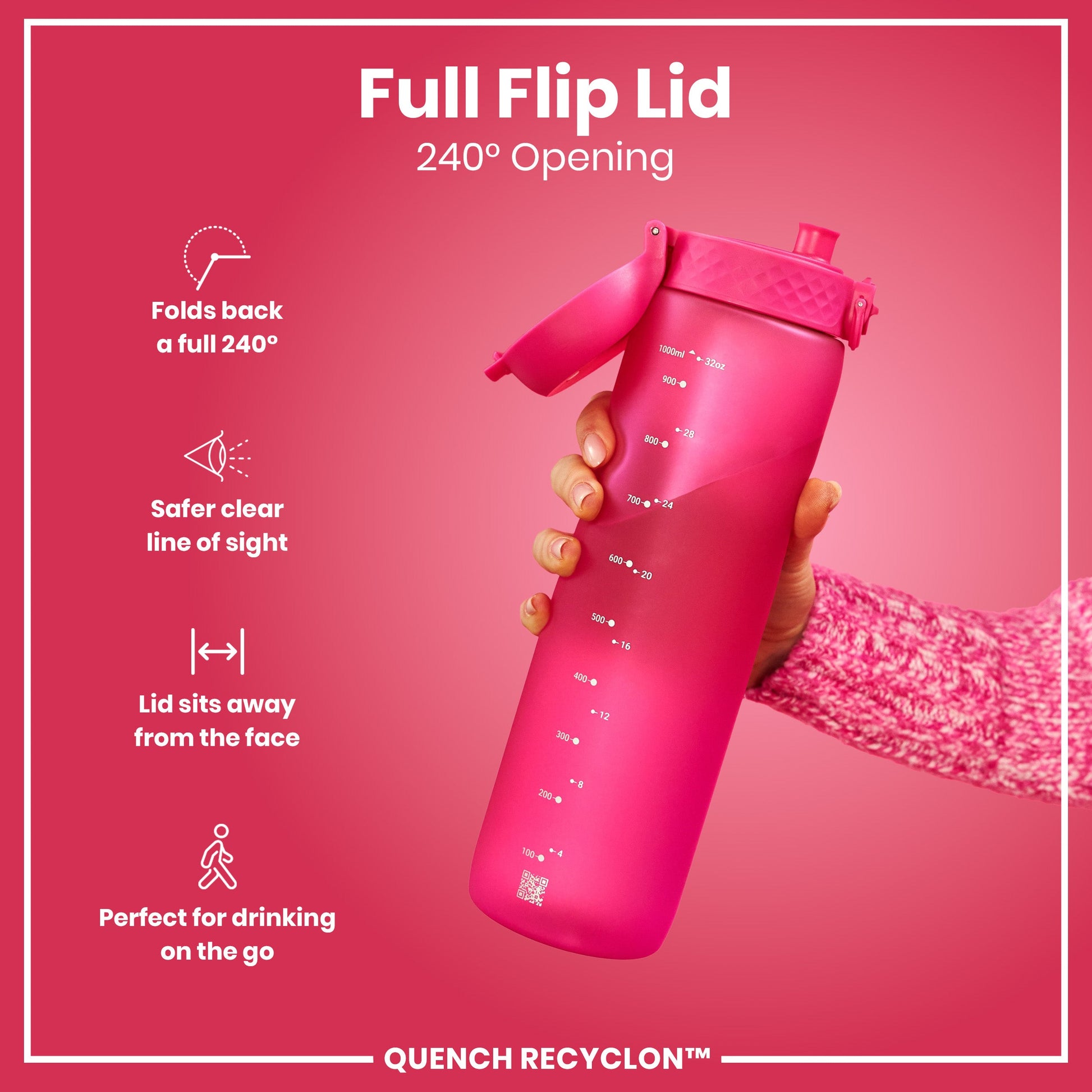 Pink water bottle with full flip lid on a red background