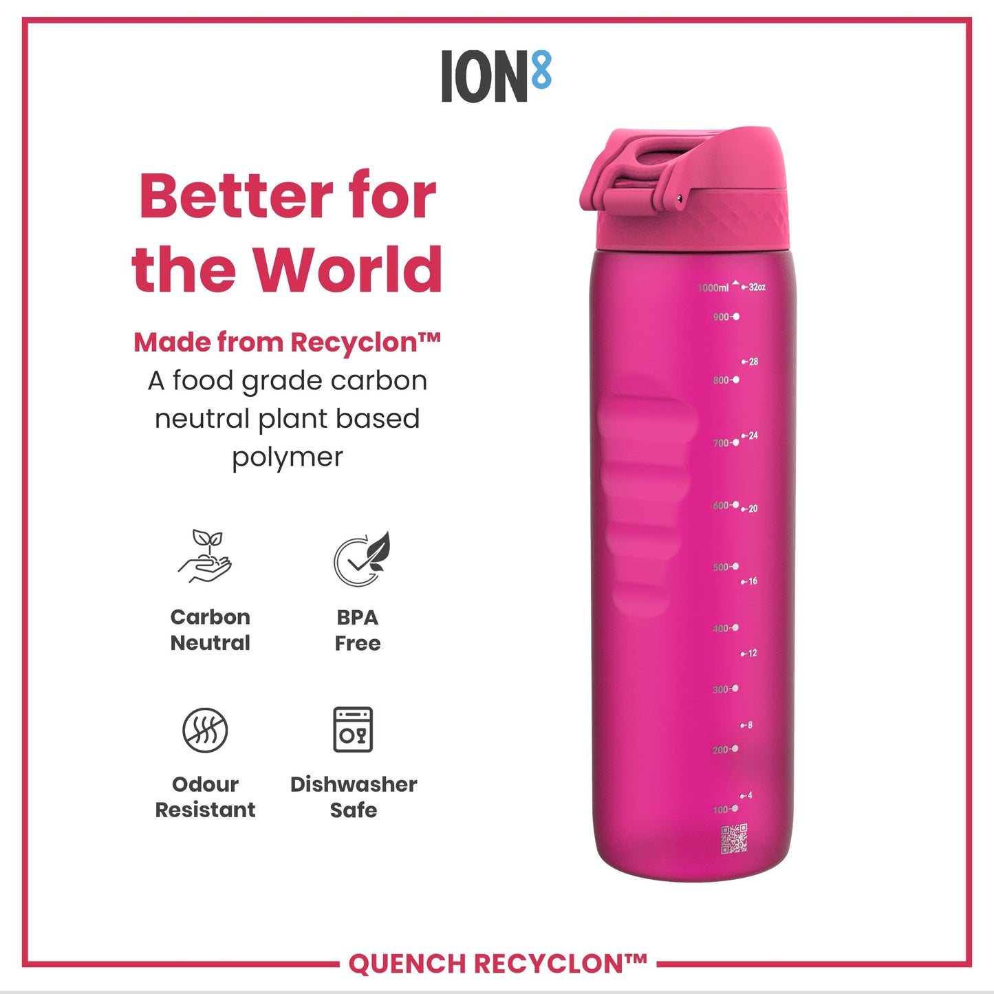Pink water bottle with 'ION8' branding and sustainability features on a white background