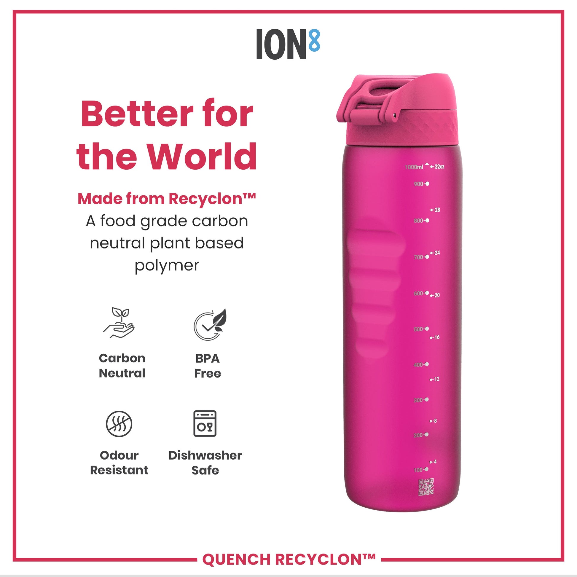 Pink water bottle with 'ION8' branding and sustainability features on a white background