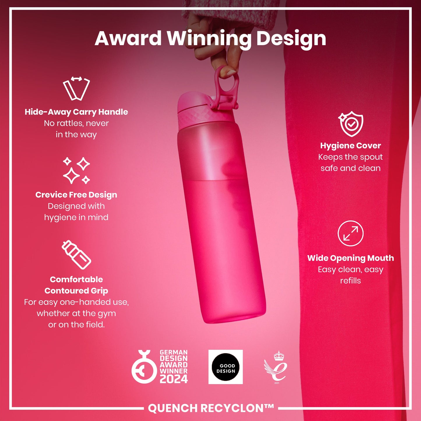 Pink water bottle with features listed on a red background