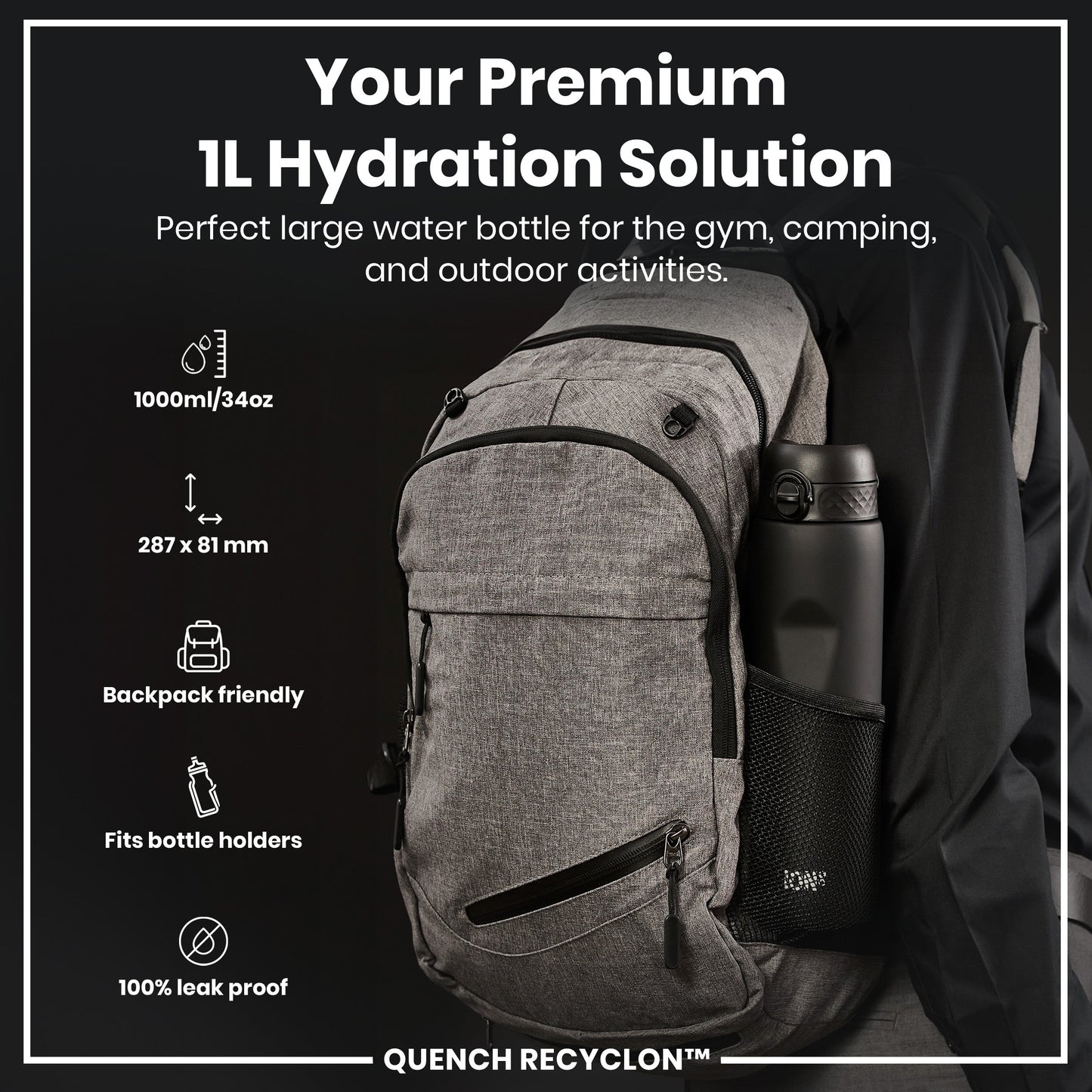 Gray backpack with a water bottle, featuring text about hydration solution for gym, camping, and outdoor activities.