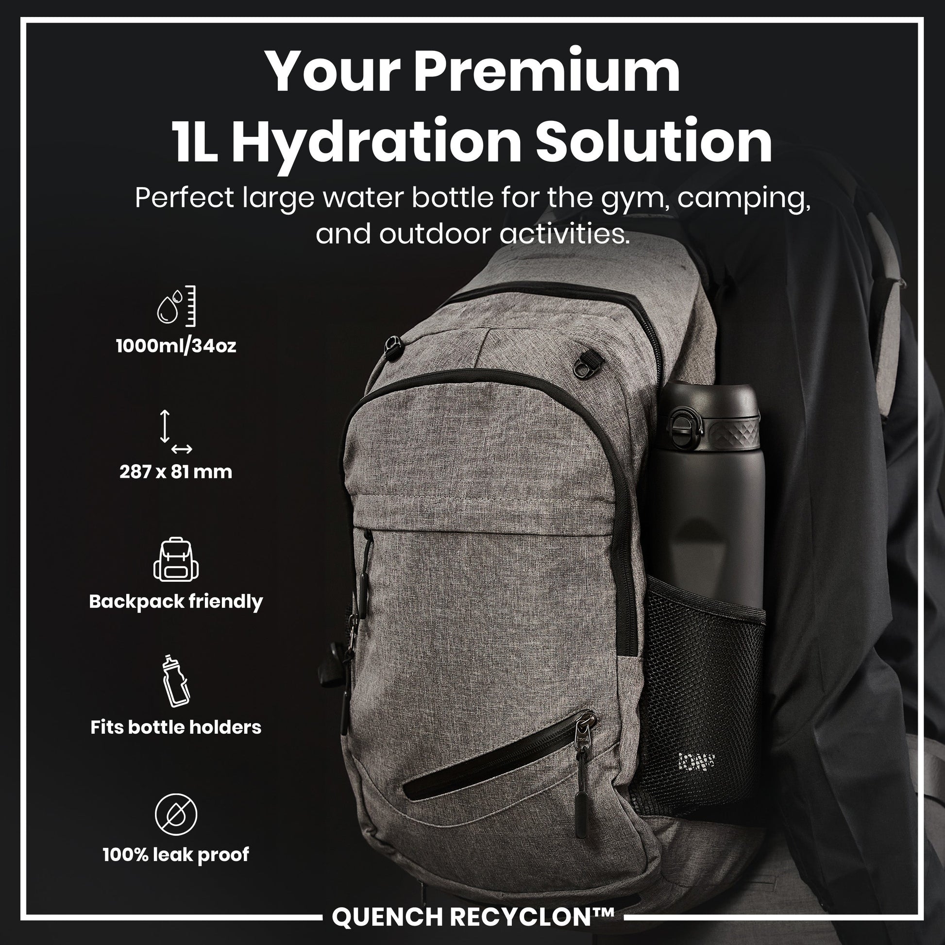 Gray backpack with a water bottle, featuring text about hydration solution for gym, camping, and outdoor activities.