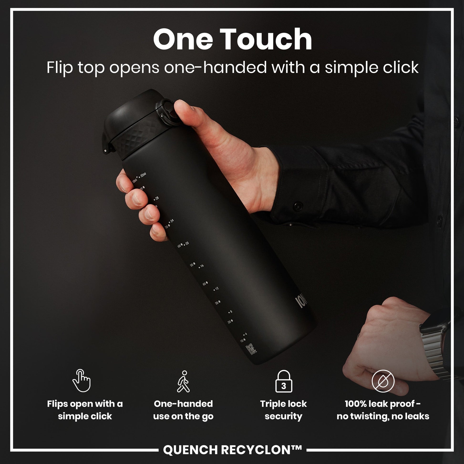 Black water bottle with flip top feature on a dark background