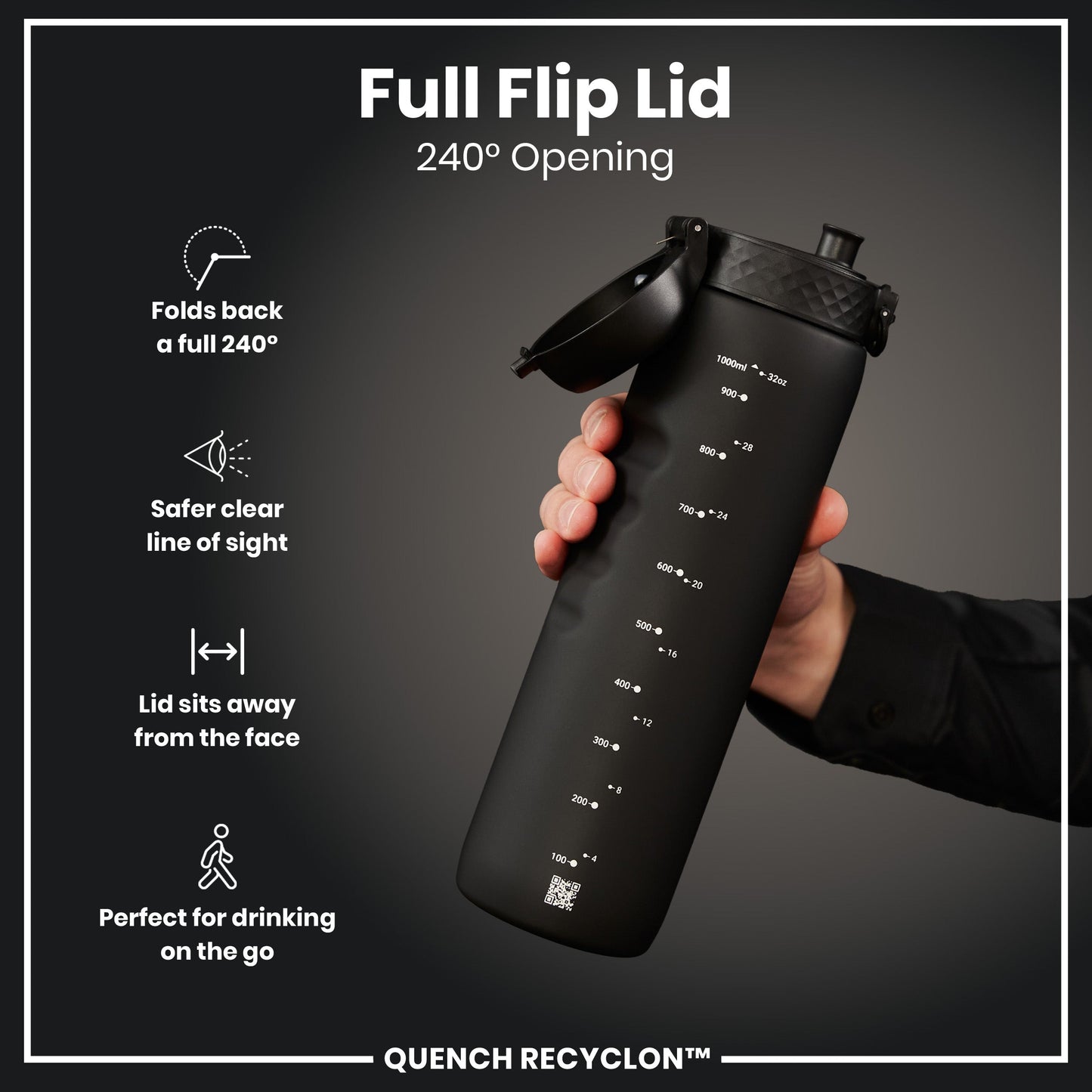Black water bottle with full flip lid feature on a dark background