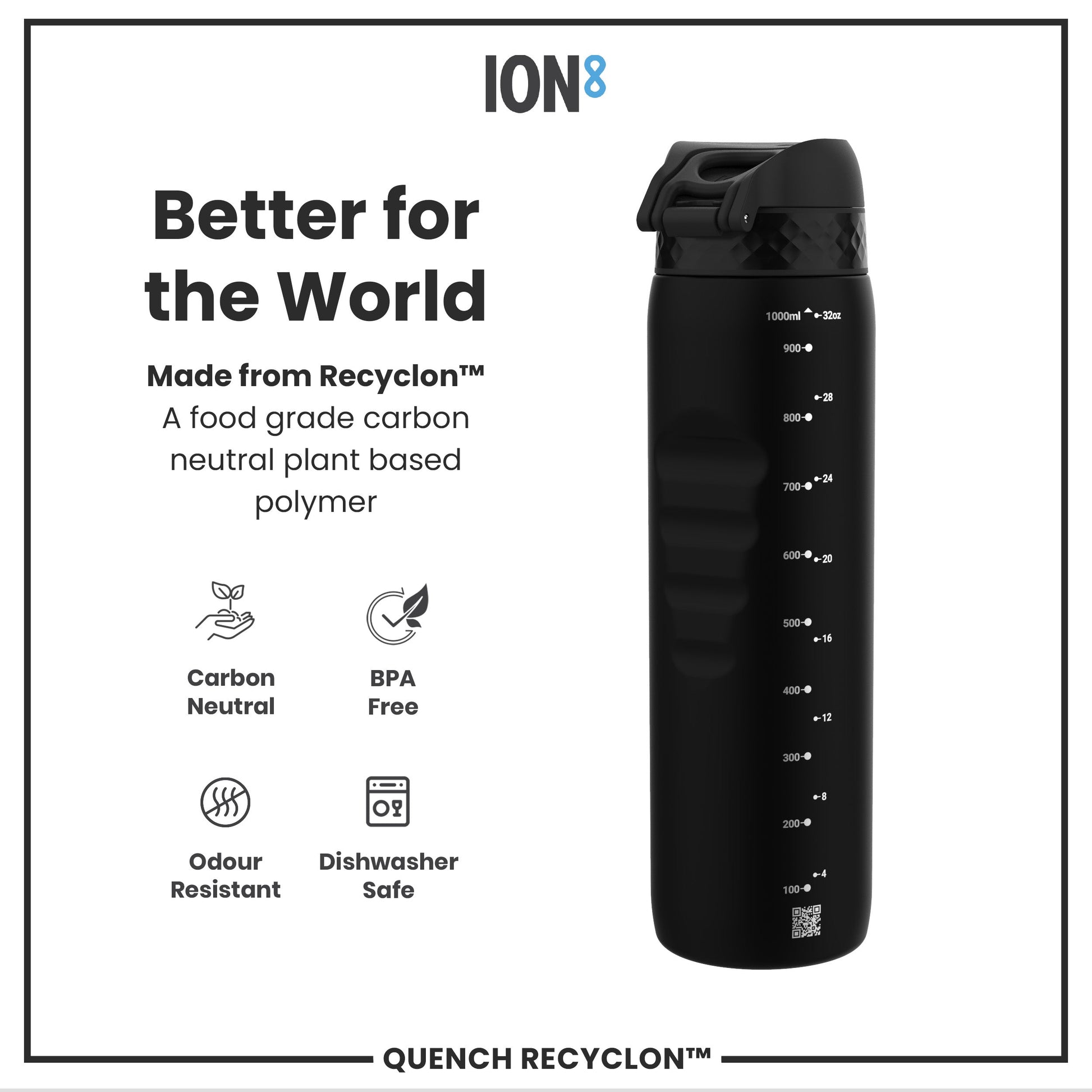 Black water bottle with measurement markings on a white background, featuring the ION8 brand.