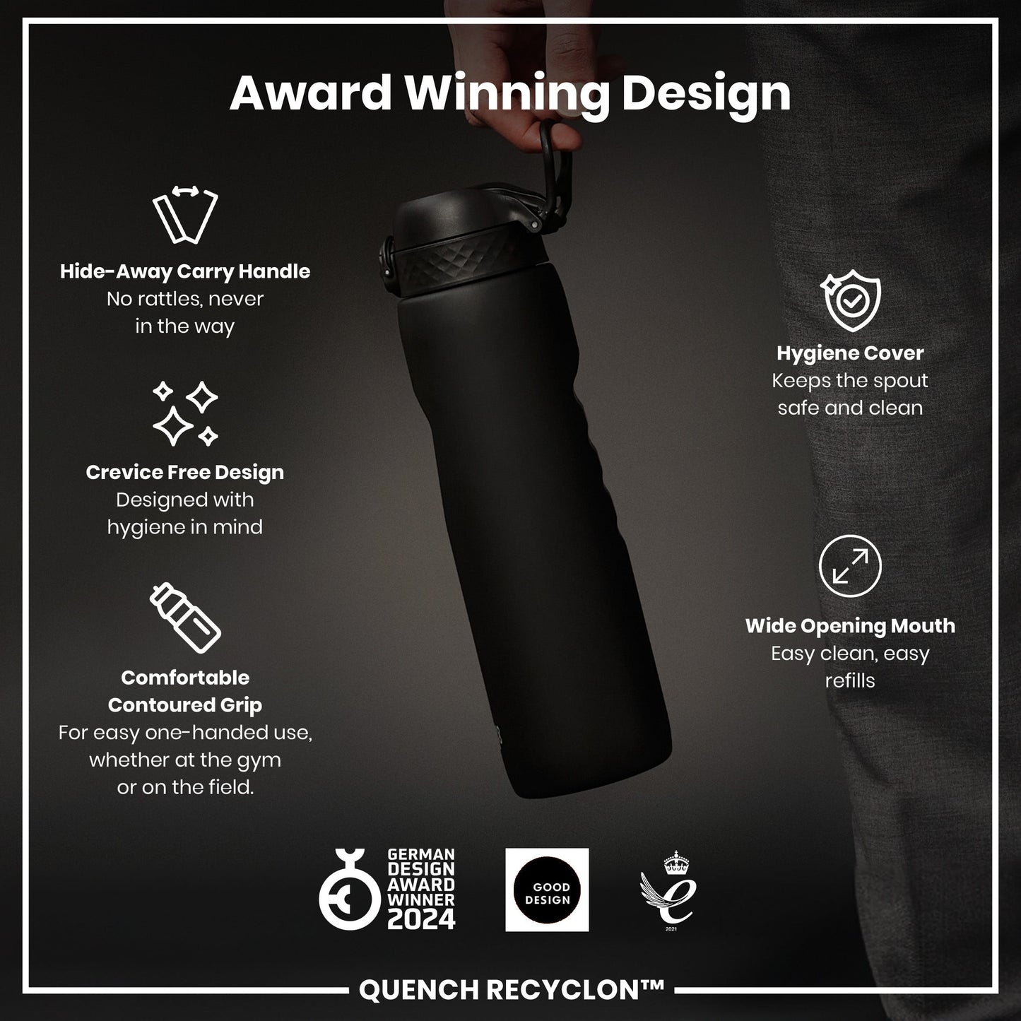 Black water bottle with features listed on a dark background
