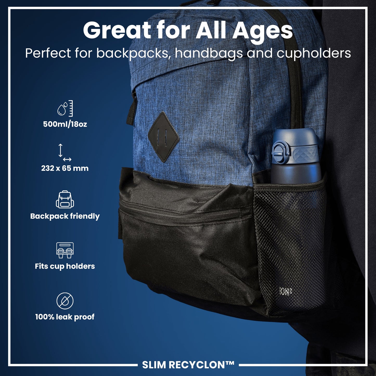 Blue backpack with a water bottle holder on a blue background, featuring product details.