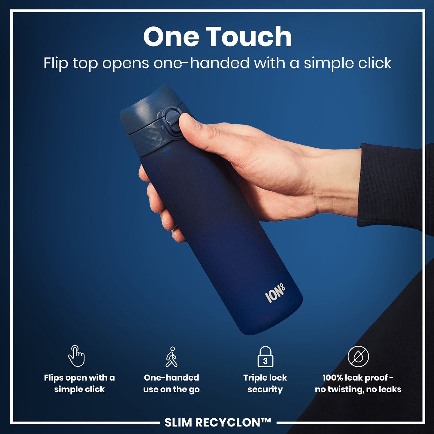 Hand holding a blue water bottle with 'One Touch' feature on a blue background
