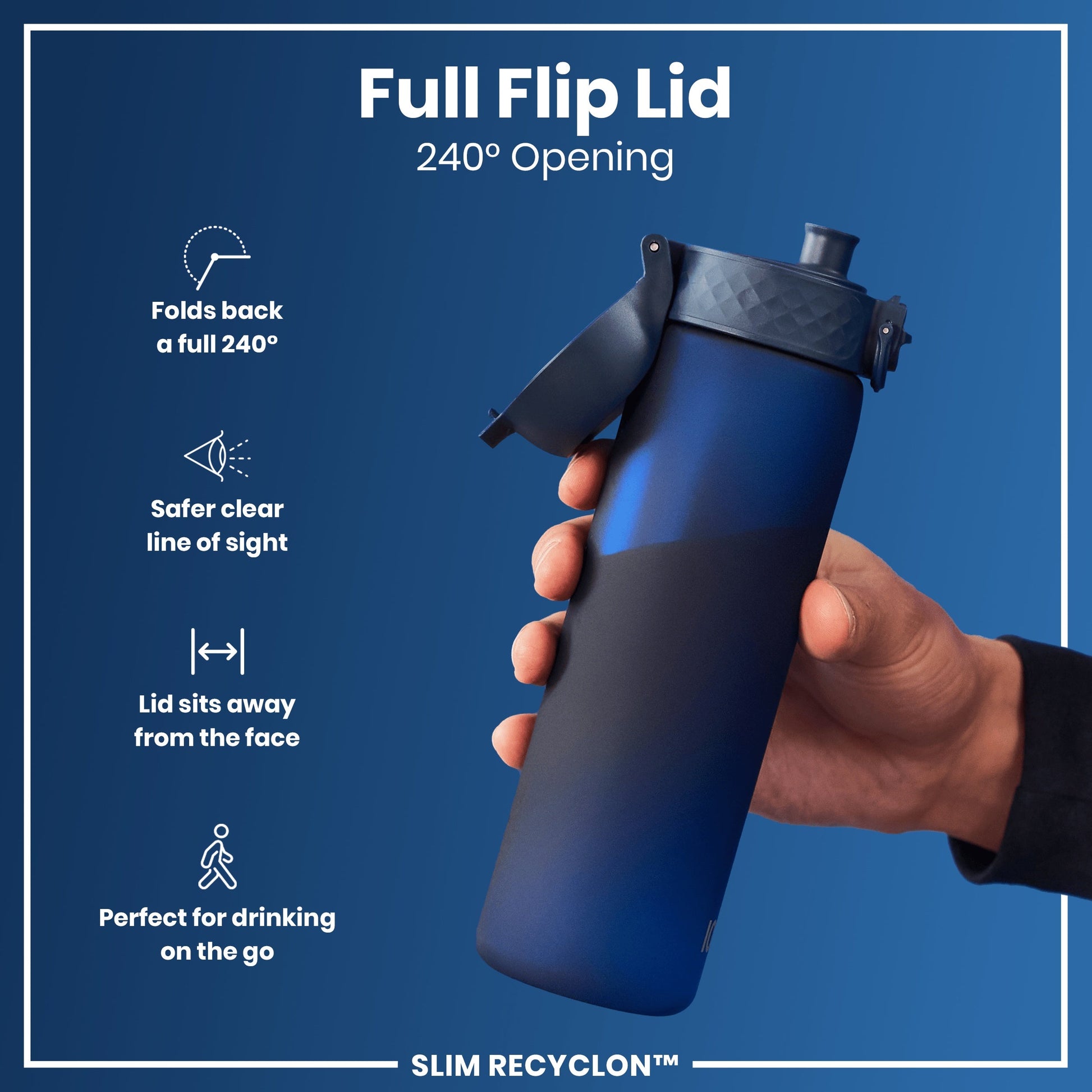 Blue water bottle with a full flip lid held by a hand on a blue background