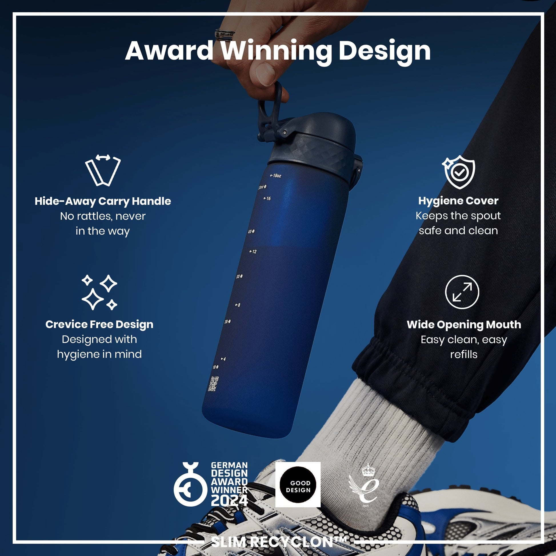 Blue water bottle with features highlighted on a blue background