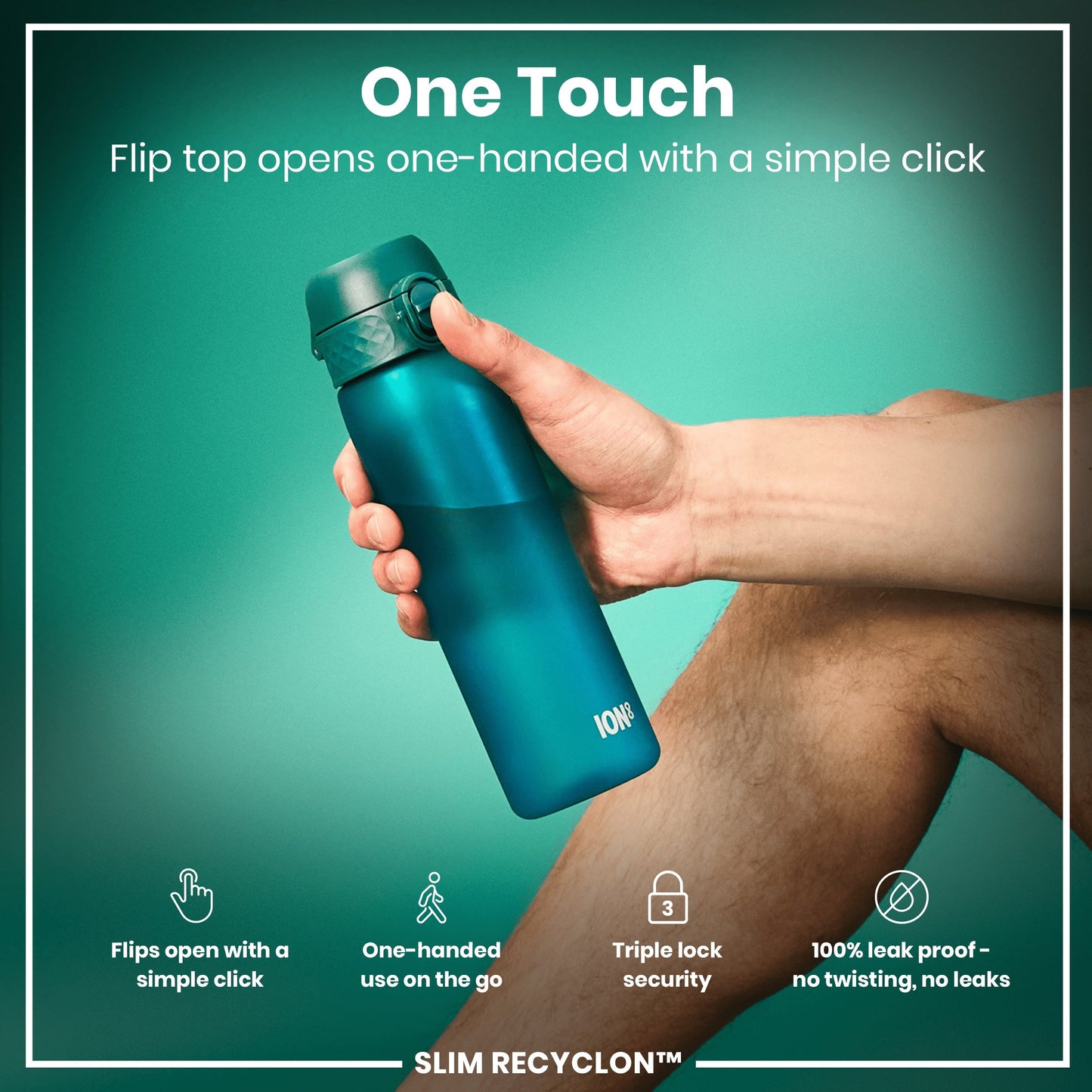 Teal water bottle held by a hand with text highlighting features on a green background