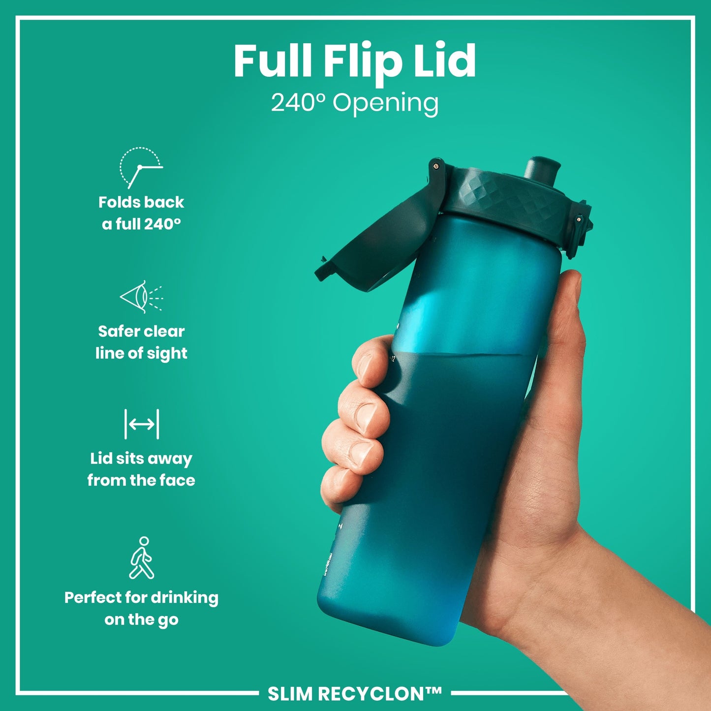 Blue water bottle with a full flip lid held by a hand on a teal background