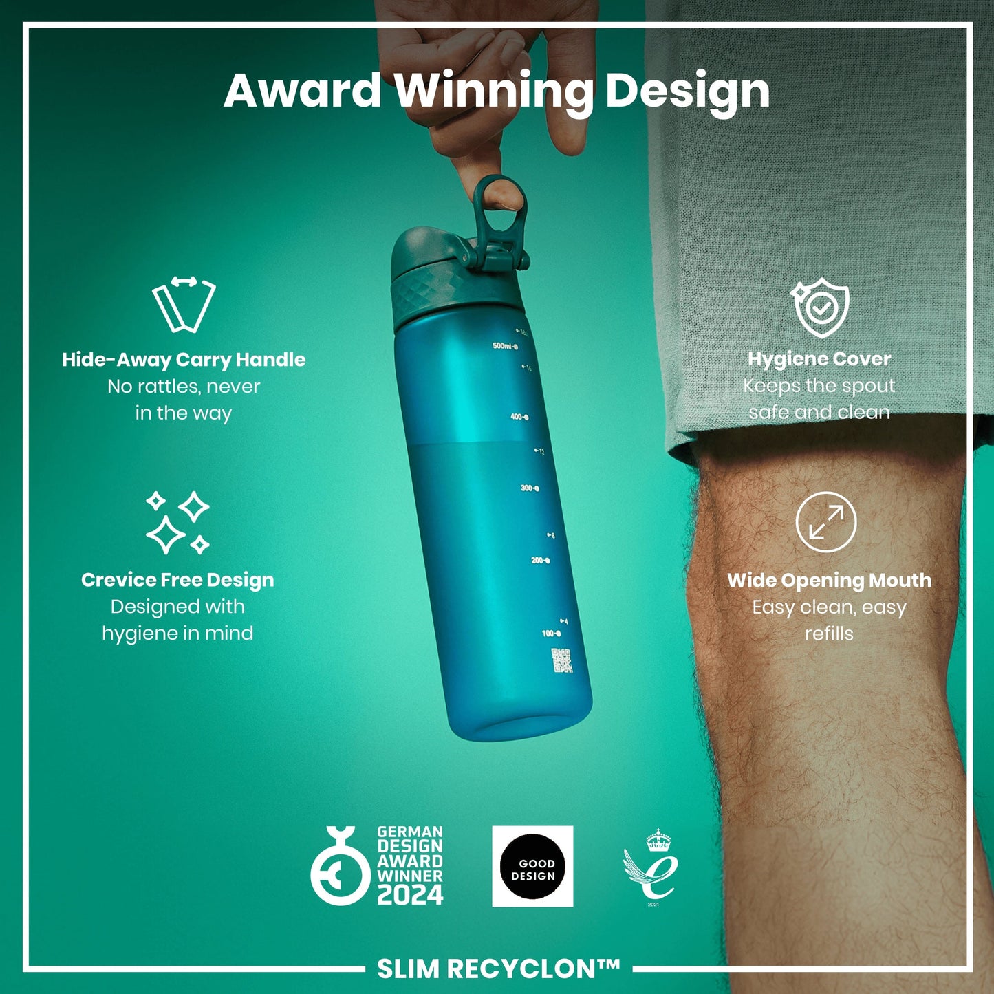 Blue water bottle with features highlighted on a green background