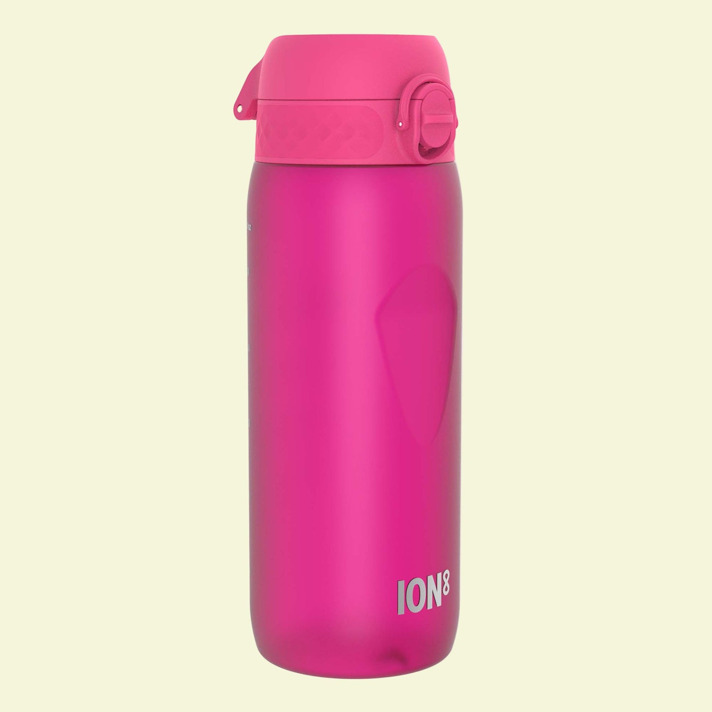 Pink water bottle with 'ION8' branding on a white background