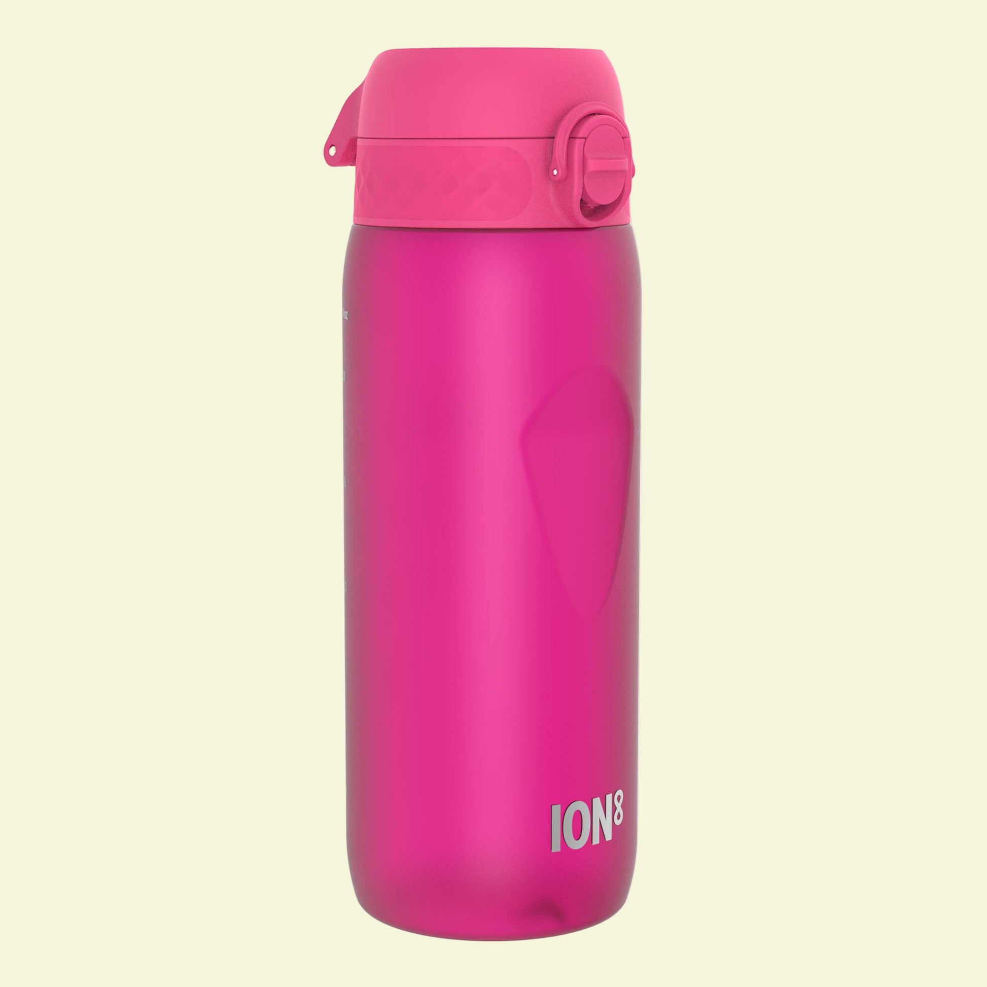 Pink water bottle with 'ION8' branding on a white background