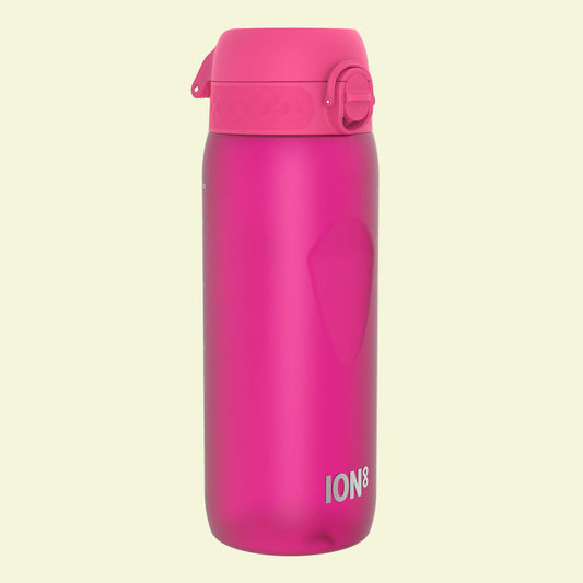 Pink water bottle with 'ION8' branding on a white background