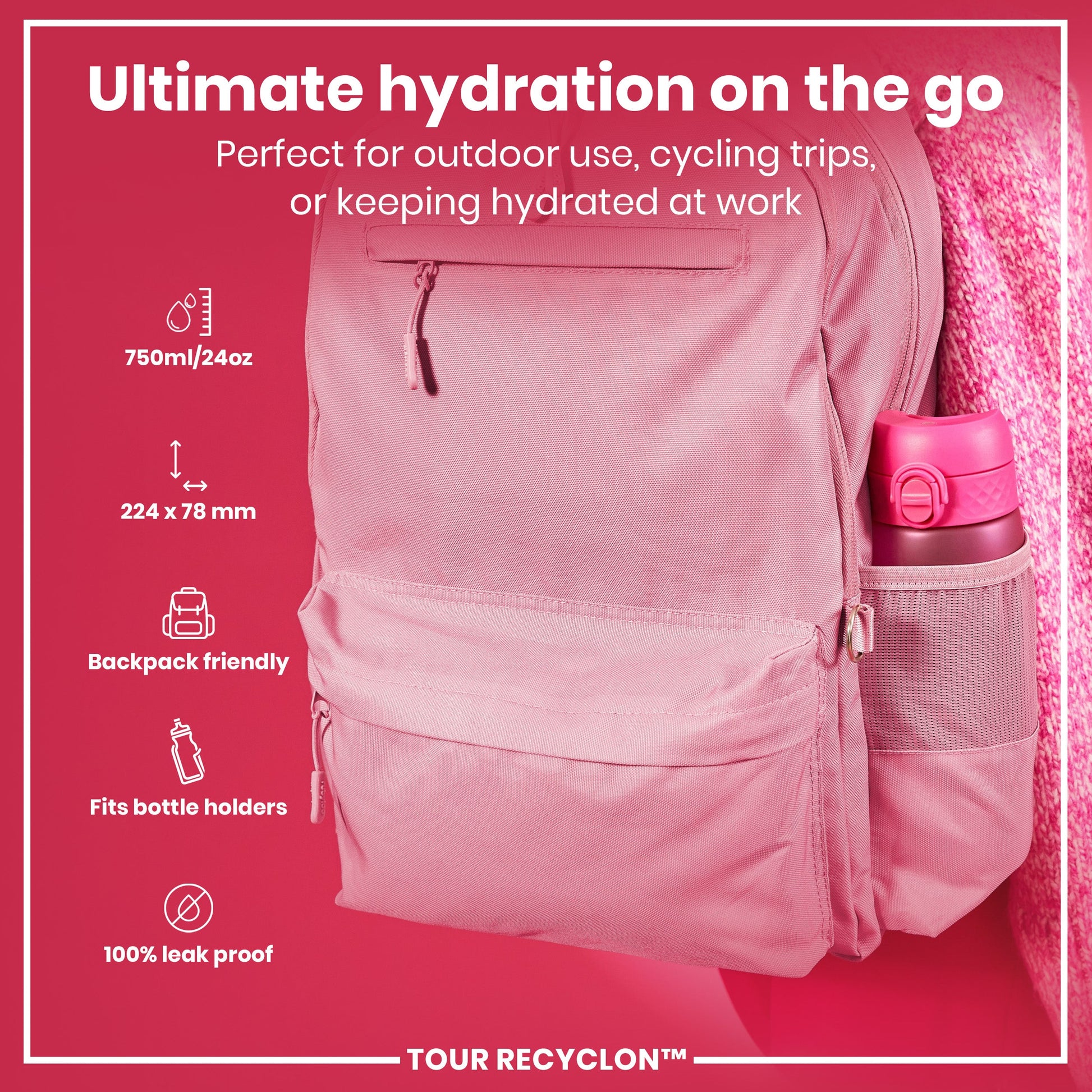 Pink backpack with water bottle holder on a pink background, featuring text about hydration and product features.