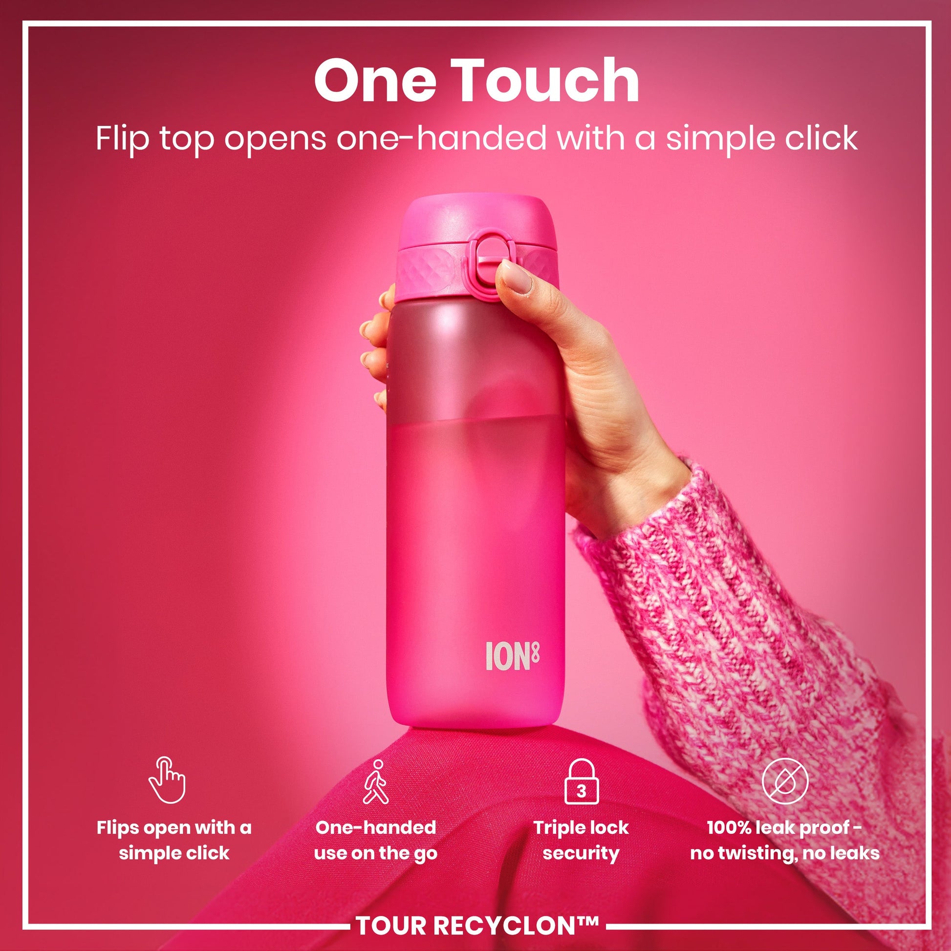 Pink water bottle with flip top held by a hand on a pink background, featuring text about bottle features.