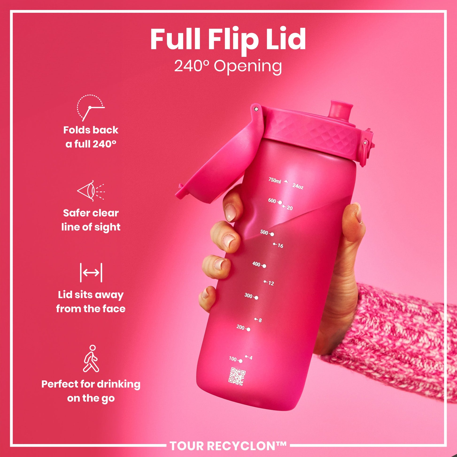 Pink water bottle with full flip lid on a pink background