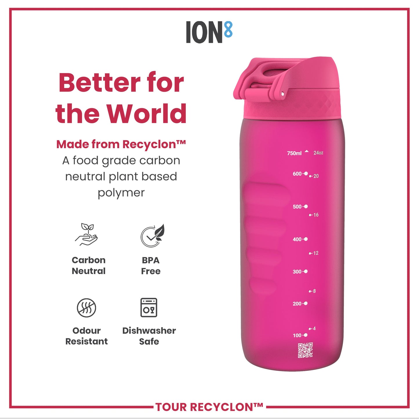 Pink water bottle with measurement markings on a white background, featuring the ION8 brand.