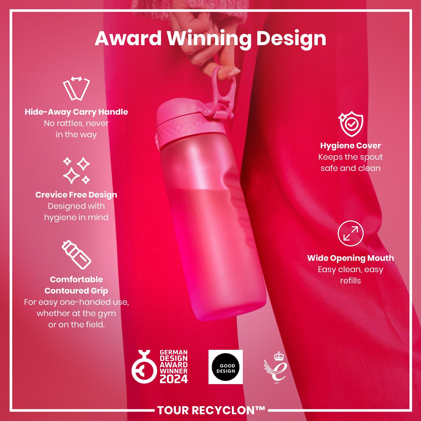 Pink water bottle with features listed on a red background