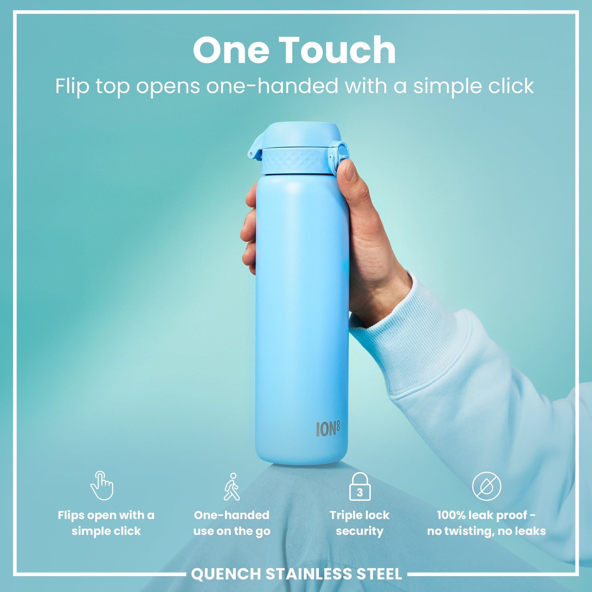 Blue water bottle held by a hand with text highlighting features on a teal background