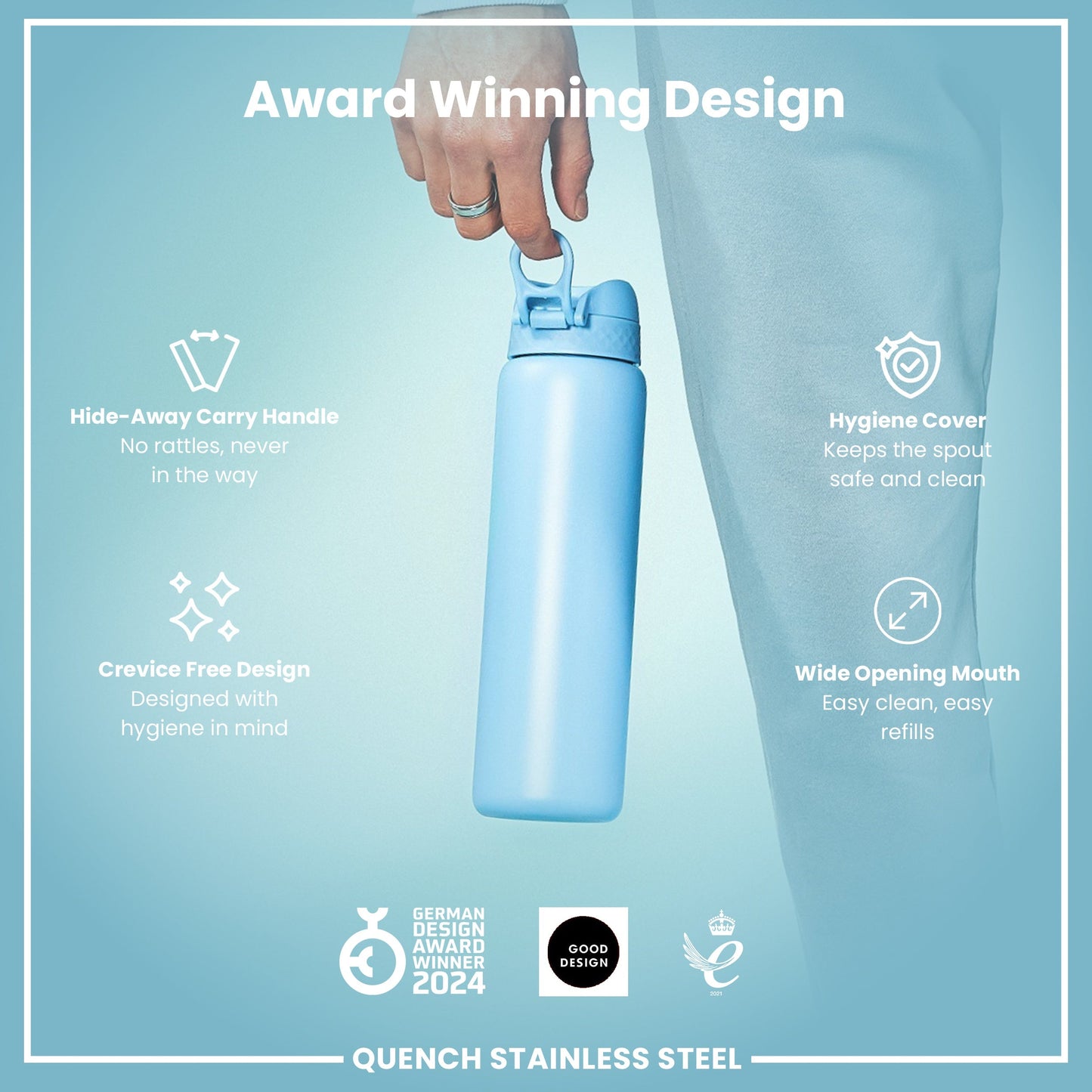 Blue water bottle held by a hand with design features highlighted on a light blue background