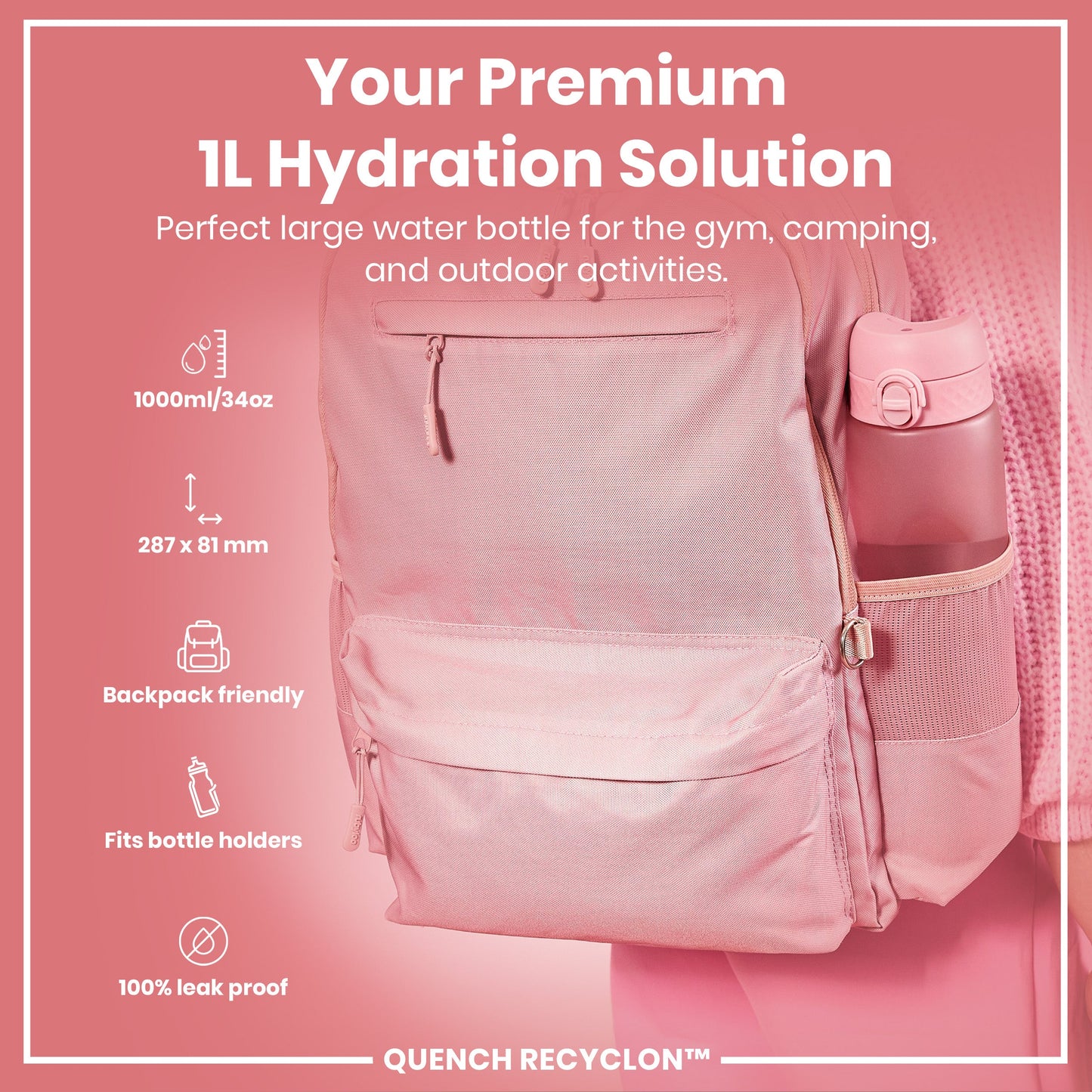 Pink hydration backpack with water bottle on a pink background, featuring product details.