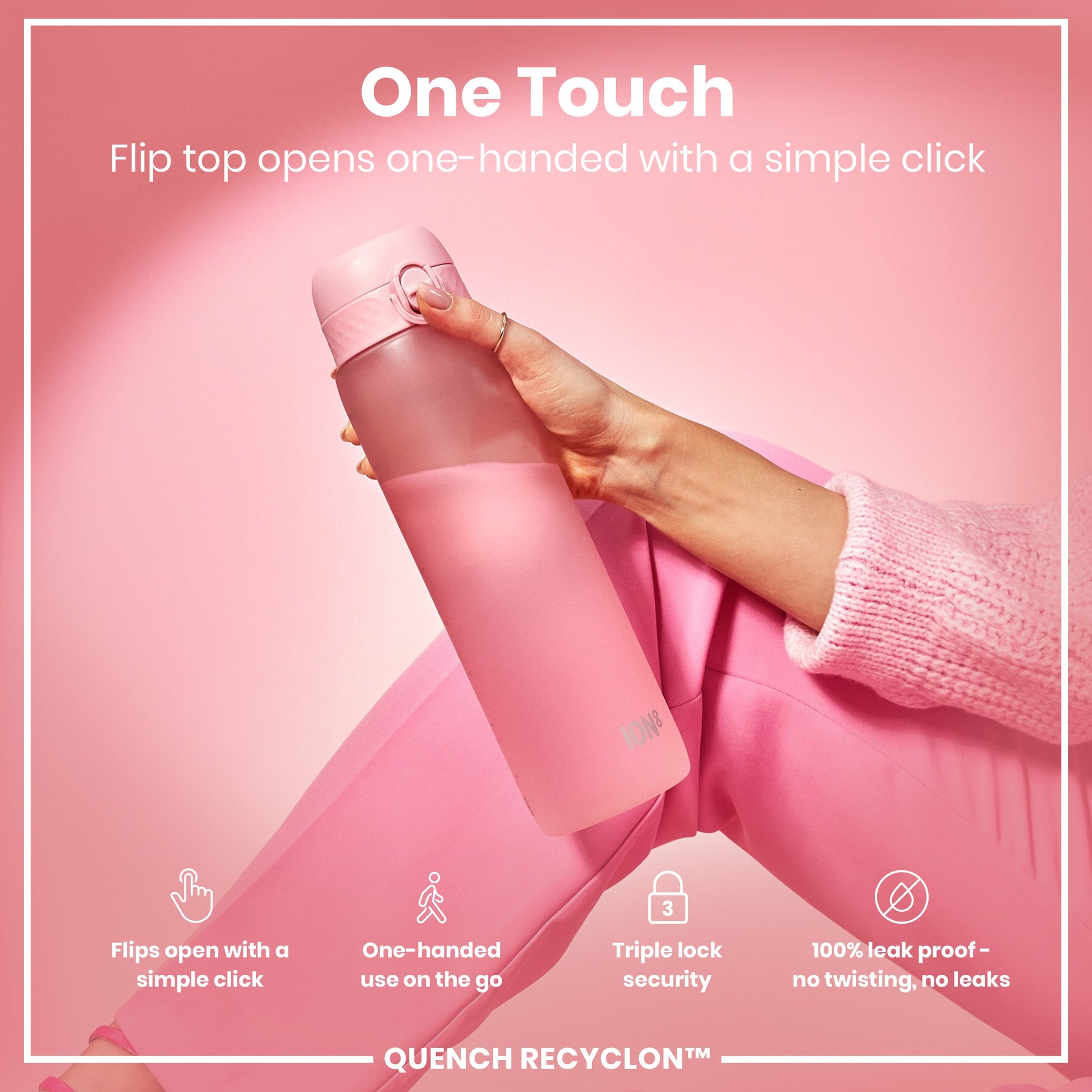 Pink water bottle with 'One Touch' feature on a pink background