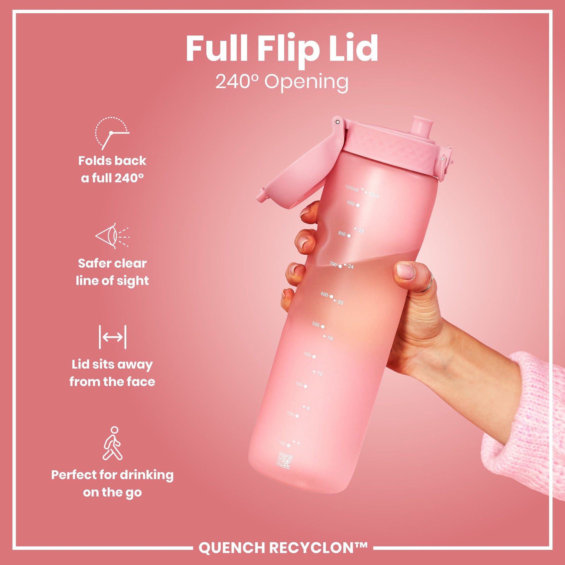 Pink water bottle with a full flip lid on a pink background