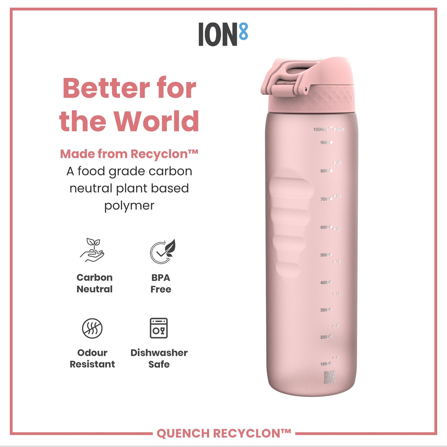 Pink water bottle with 'ION8' branding and sustainability features on a white background