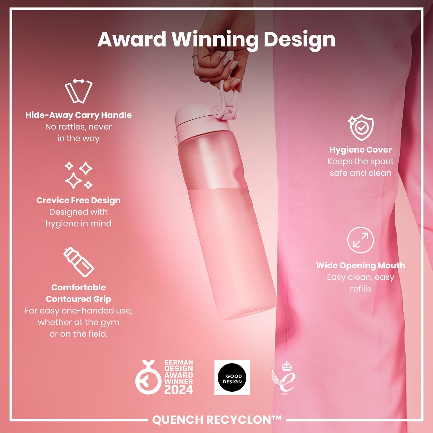Pink water bottle with features listed on a pink background