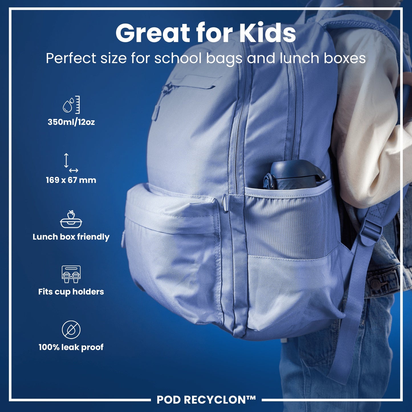 Blue backpack with features listed on a blue background