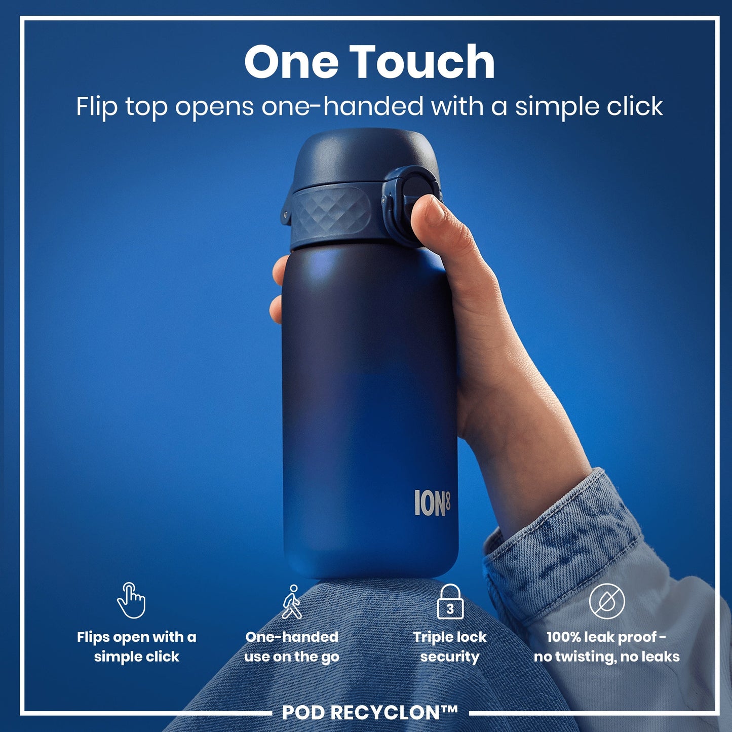 Blue water bottle with 'One Touch' feature on a blue background