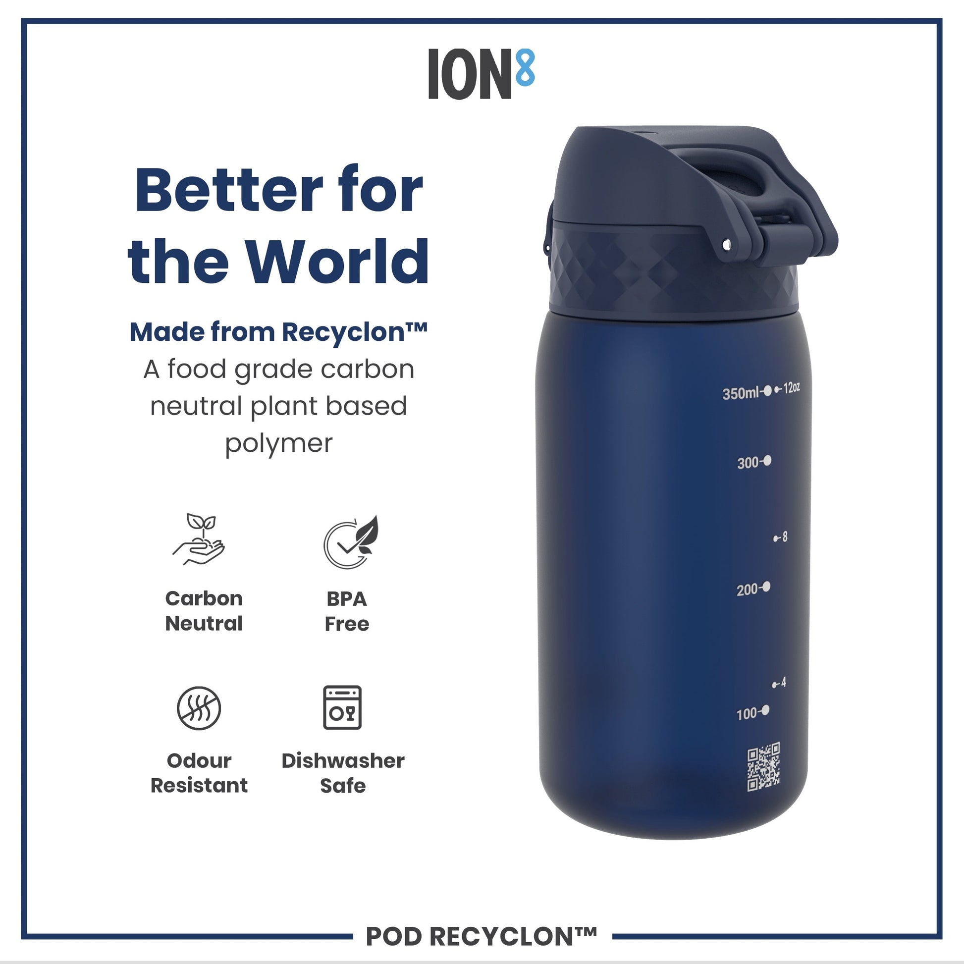 Blue water bottle with 'ION8' branding and sustainability features on a white background