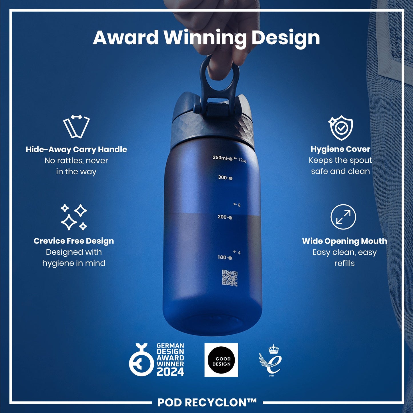 Blue water bottle with features highlighted on a blue background