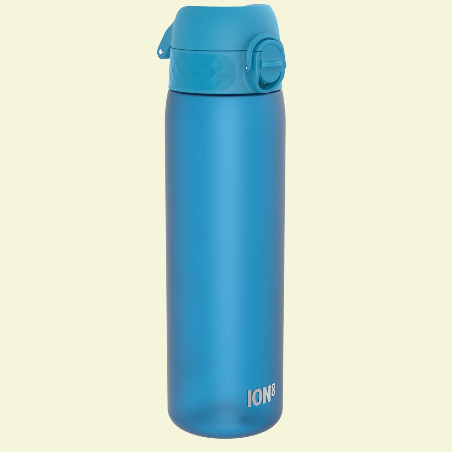 Blue water bottle with 'ION8' branding on a white background