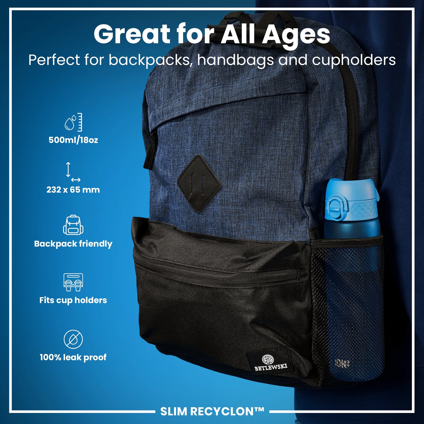 Blue backpack with a water bottle holder on a blue background, featuring text and icons about product features.