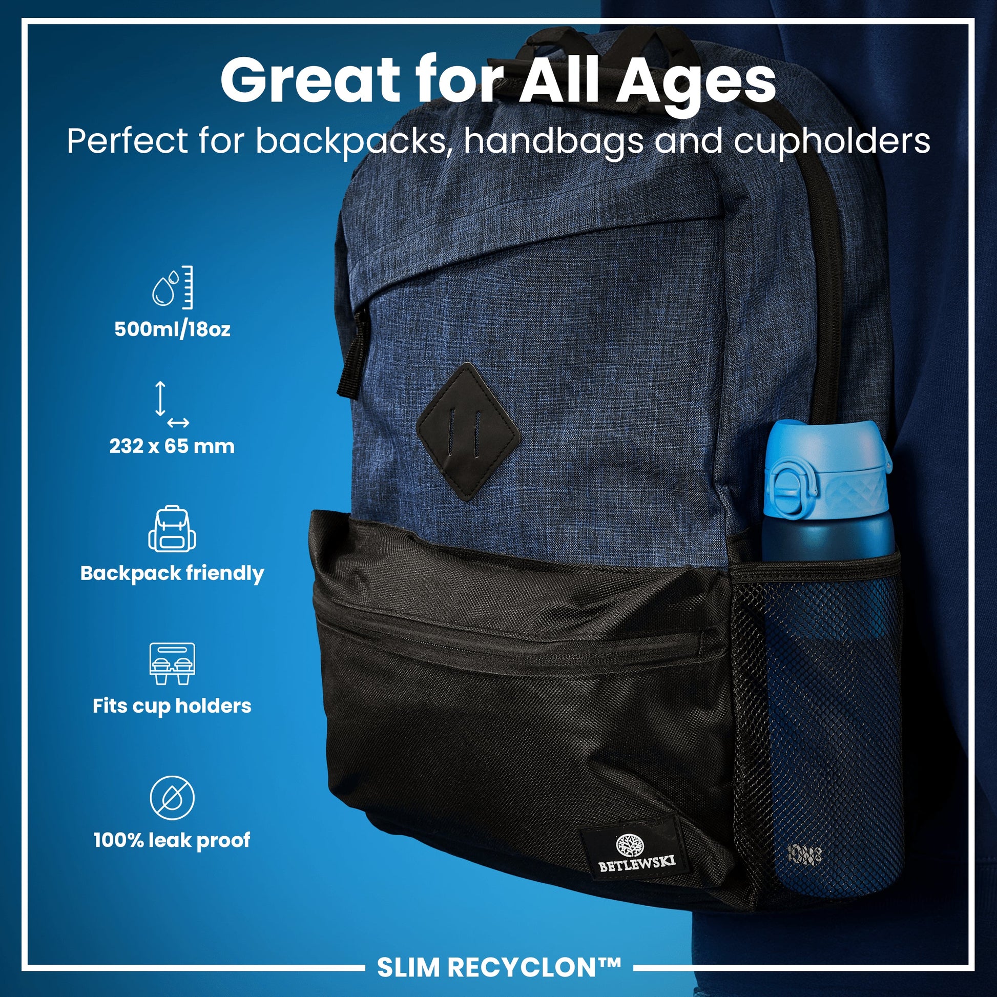Blue backpack with a water bottle holder on a blue background, featuring text and icons about product features.