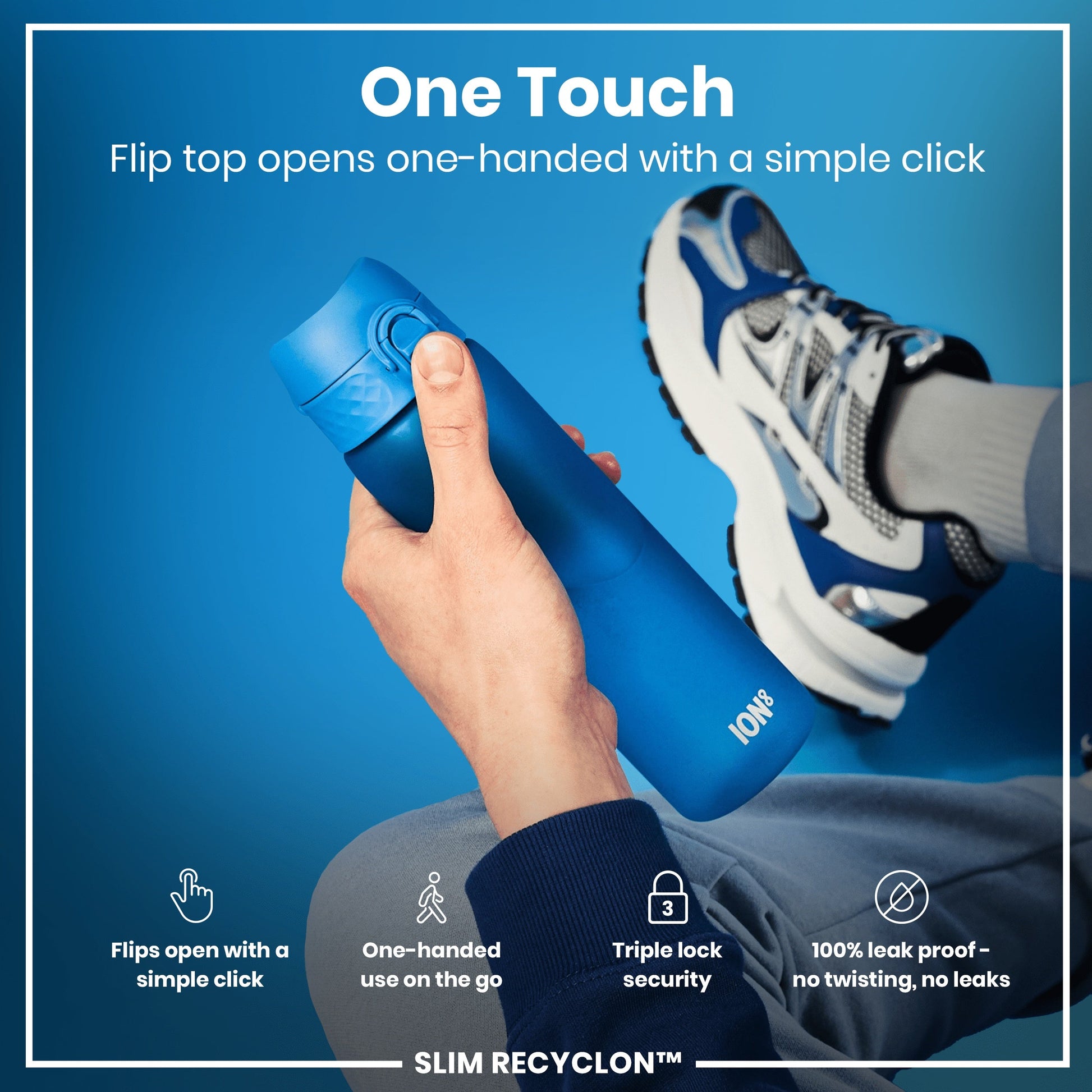 Blue water bottle with flip top feature being demonstrated, on a blue background.