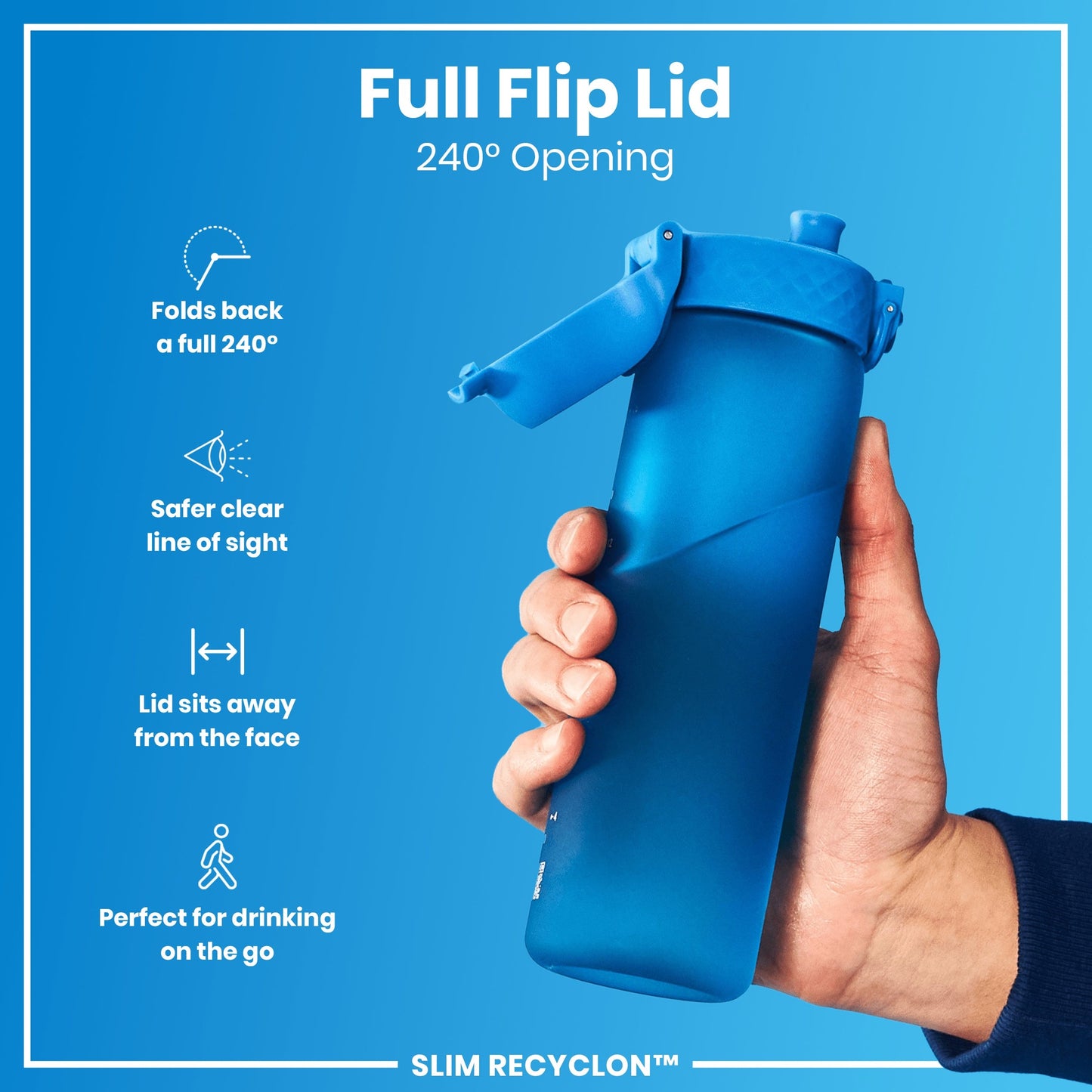 Blue shaker bottle with full flip lid held by a hand on a blue background